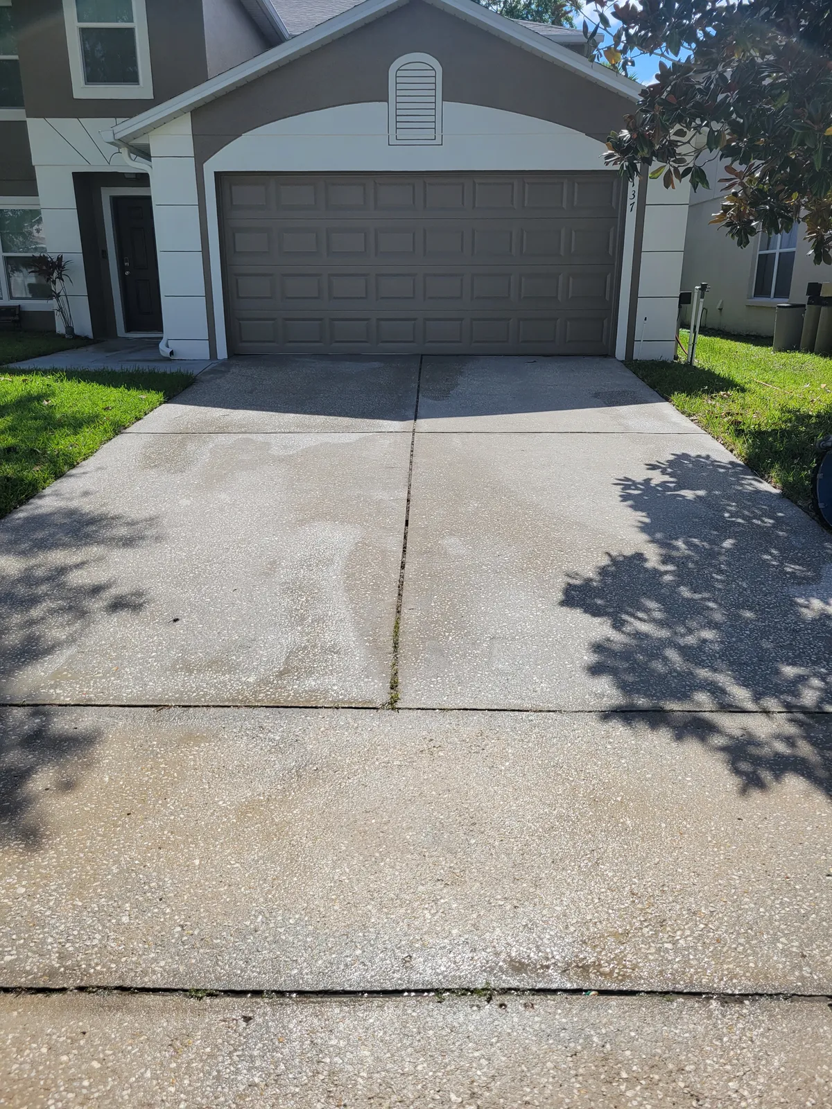 After: Residential driveway with heavy darkening from years of Florida rain and runoff.