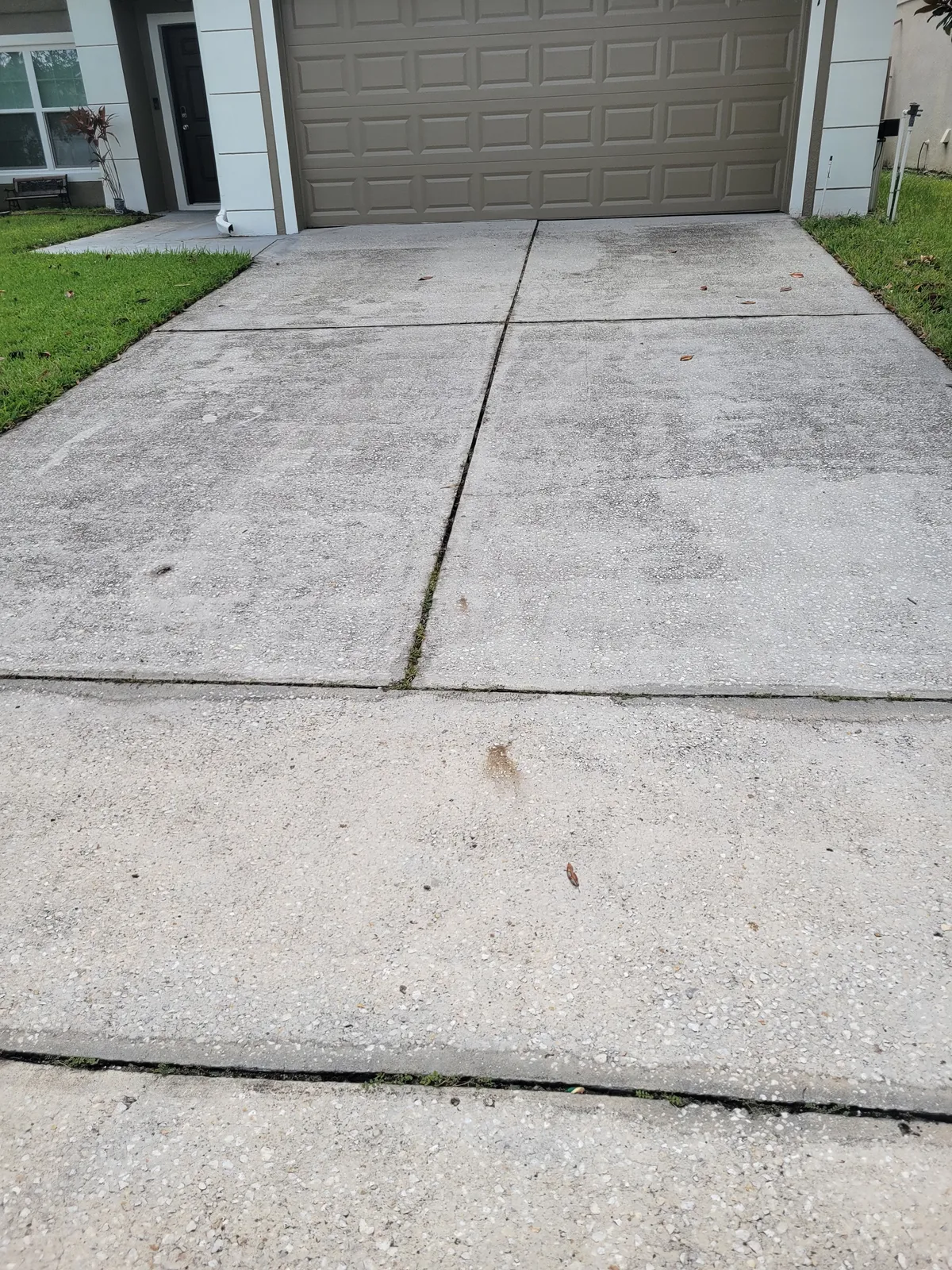 Before: Residential driveway with heavy darkening from years of Florida rain and runoff.